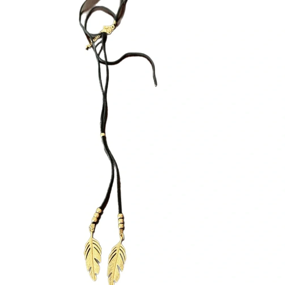 Bohemian Faux Leather Rope Necklace w/ Feather Pendants - Picture 2 of 4